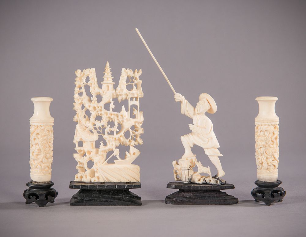 Appraisal: Chinese Ivory Sculptures Pair Miniature Vases Chinese Ivory Sculptures Pair