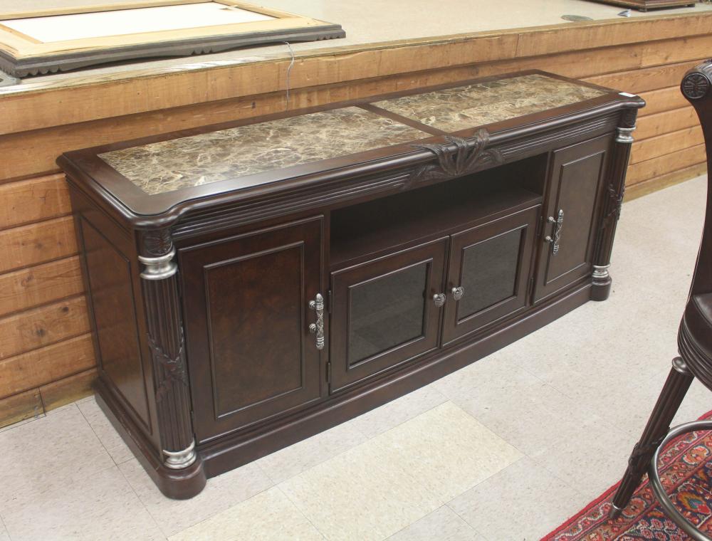 Appraisal: MARBLE-TOP MAHOGANY MEDIA CONSOLE made in Vietnam for Oasis Home