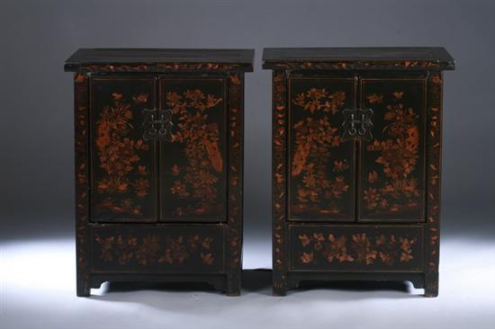 Appraisal: PAIR SMALL CHINESE BLACK LACQUERED ELM WOOD CABINETS late Qing