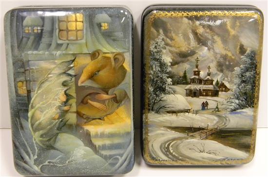 Appraisal: Two Russian lacquer boxes with mother-of-pearl both signed both oblong