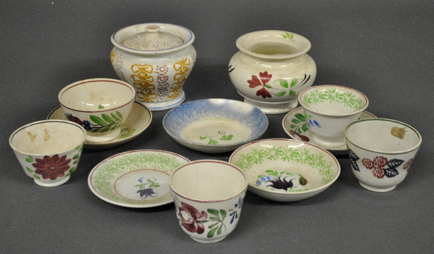 Appraisal: - Twelve pieces of spatterware a covered sugar bowl h