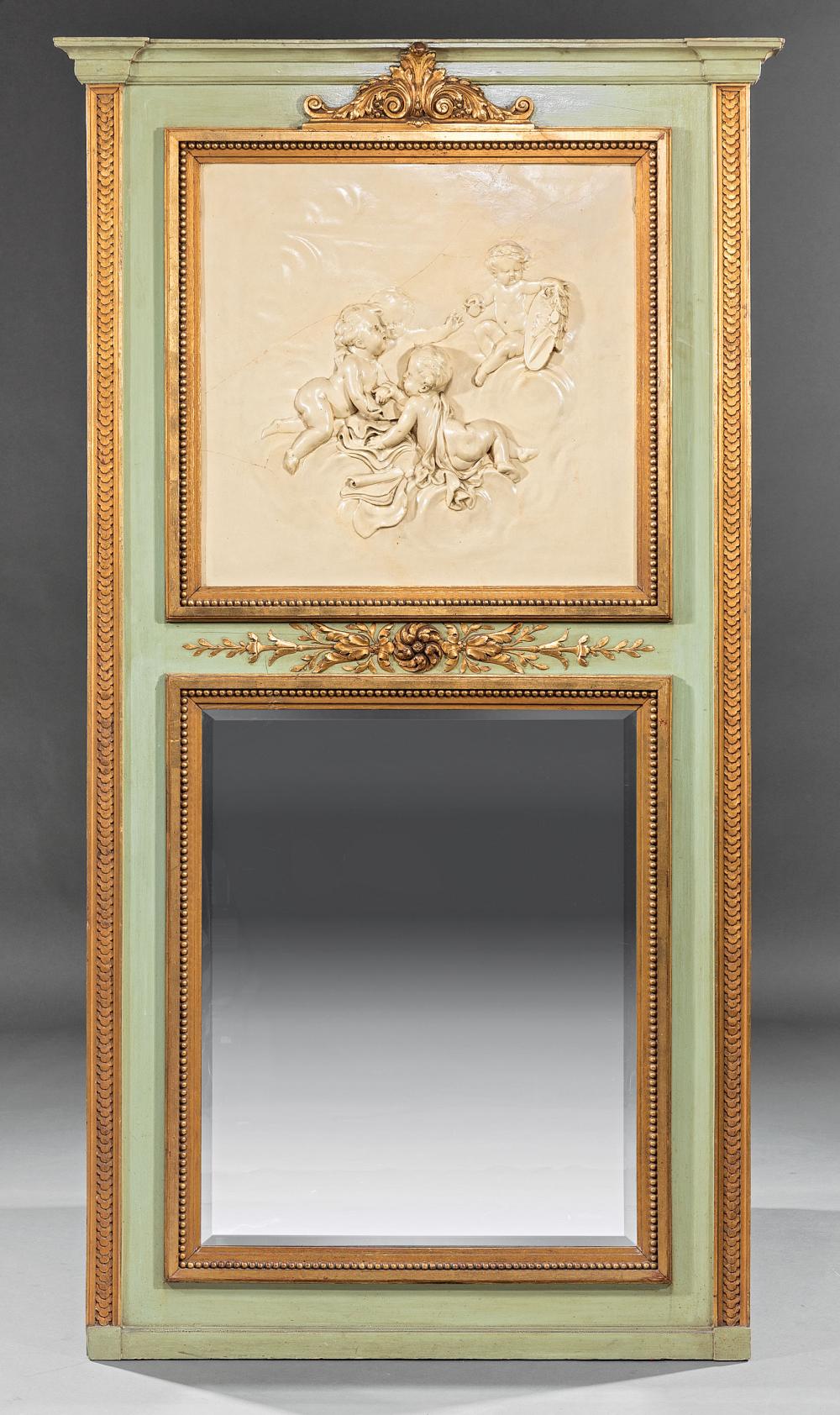 Appraisal: French Painted and Parcel Gilt Trumeau Mirror molded cornice relief