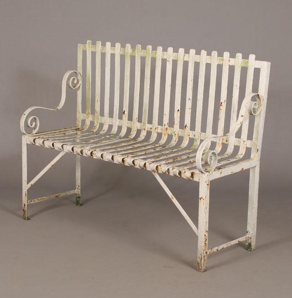 Appraisal: Art Deco wrought iron garden patio bench continuous slat construction