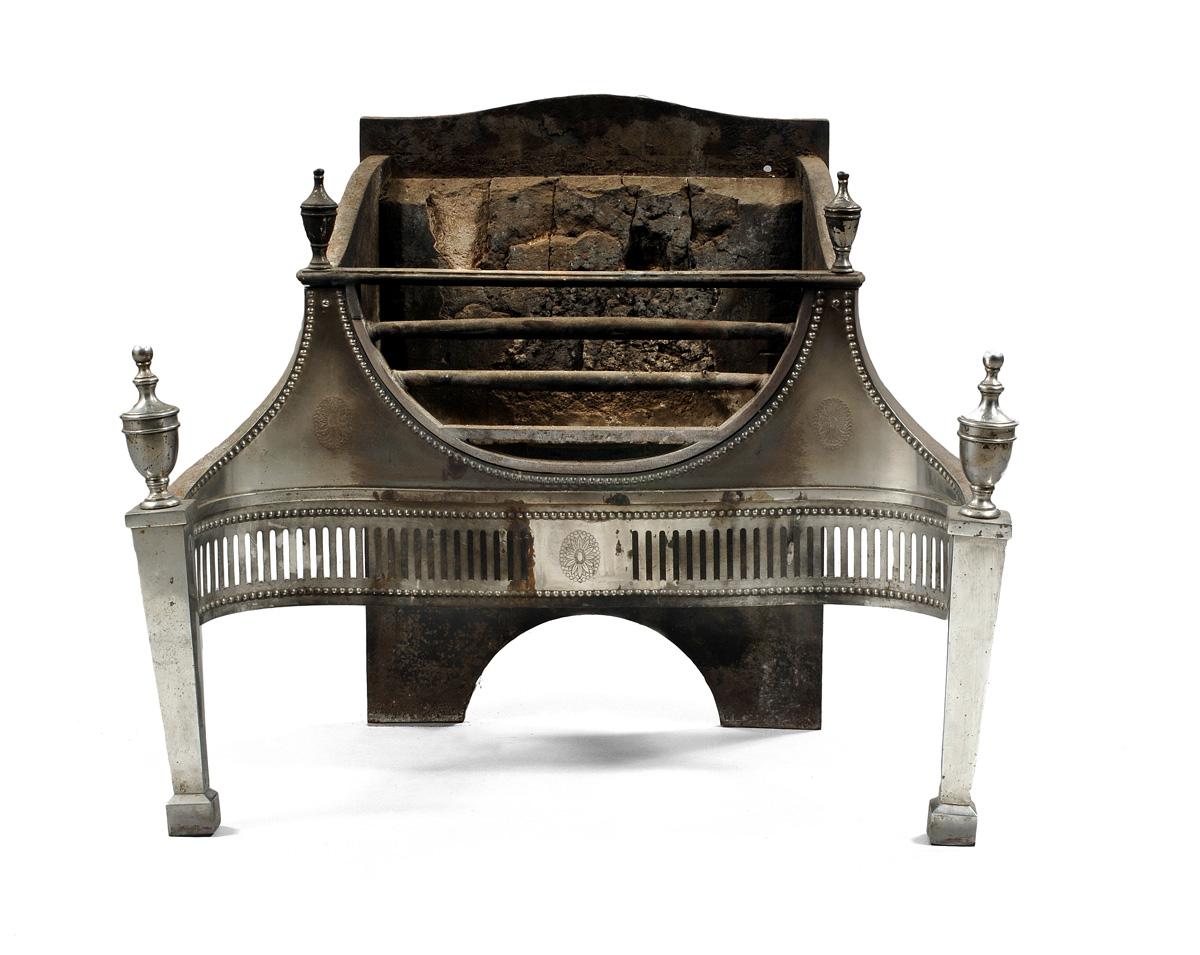 Appraisal: ENGLISH NEOCLASSICAL ENGRAVED AND PIERCED POLISHED STEEL FIREPLACE GRATE WITH