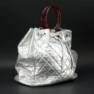 Appraisal: Chanel Silver Quilted Lambskin Leather Large Tote with Tortoise Handles