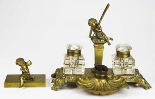 Appraisal: French brass figural writing stand sold with a matching figural