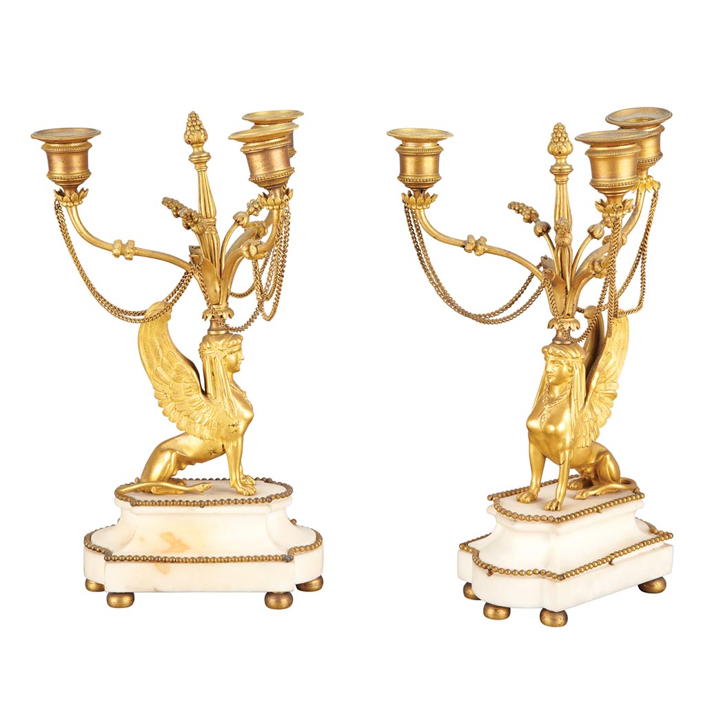 Appraisal: Pair of Regency Gilt-Bronze Three-Light Candelabra First quarter of the