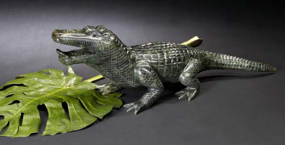 Appraisal: Striking Carved Jade and Serpentine Figure of an American Alligator