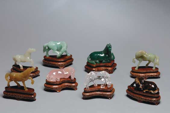 Appraisal: SET OF EIGHT HARDSTONE HORSES Group of eight well carved