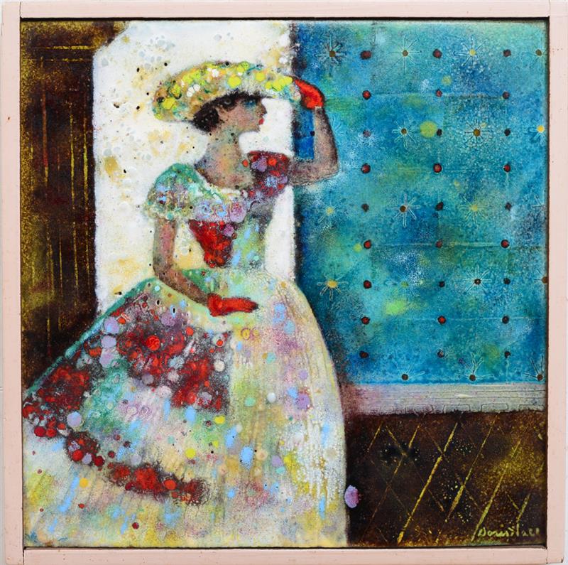 Appraisal: DORIS HALL - WOMAN IN A HAT Enamel plaque with