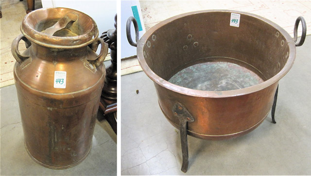 Appraisal: COPPER CANDY KETTLE AND MILK CAN WITH LID Dimensions kettle