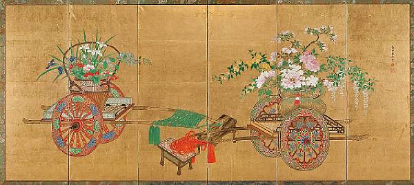 Appraisal: Kano School Meiji Taisho Period Flower Carts Large six panel