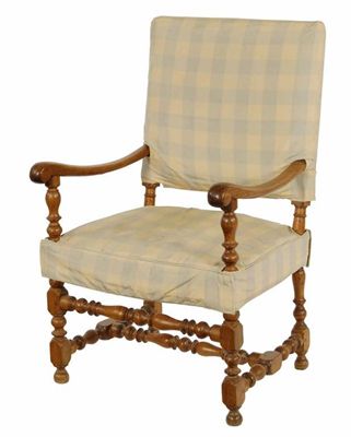 Appraisal: A French walnut open armchair with upholstered back and seat