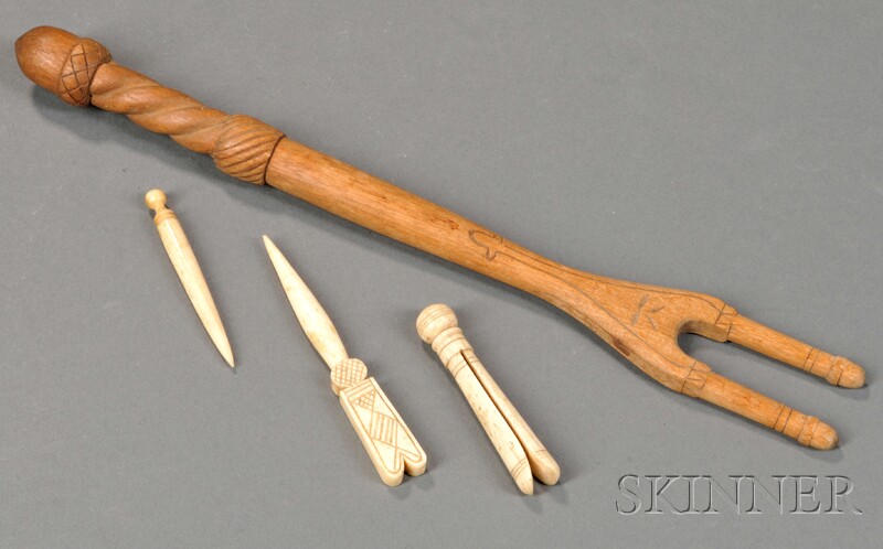 Appraisal: Carved and Decorated Wood Laundry Fork and Scrimshaw Whalebone Items