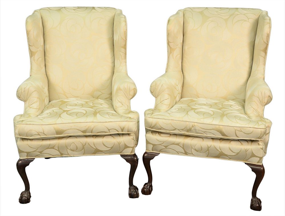 Appraisal: Pair of Custom Upholstered Wing Chairs chippendale style with silk