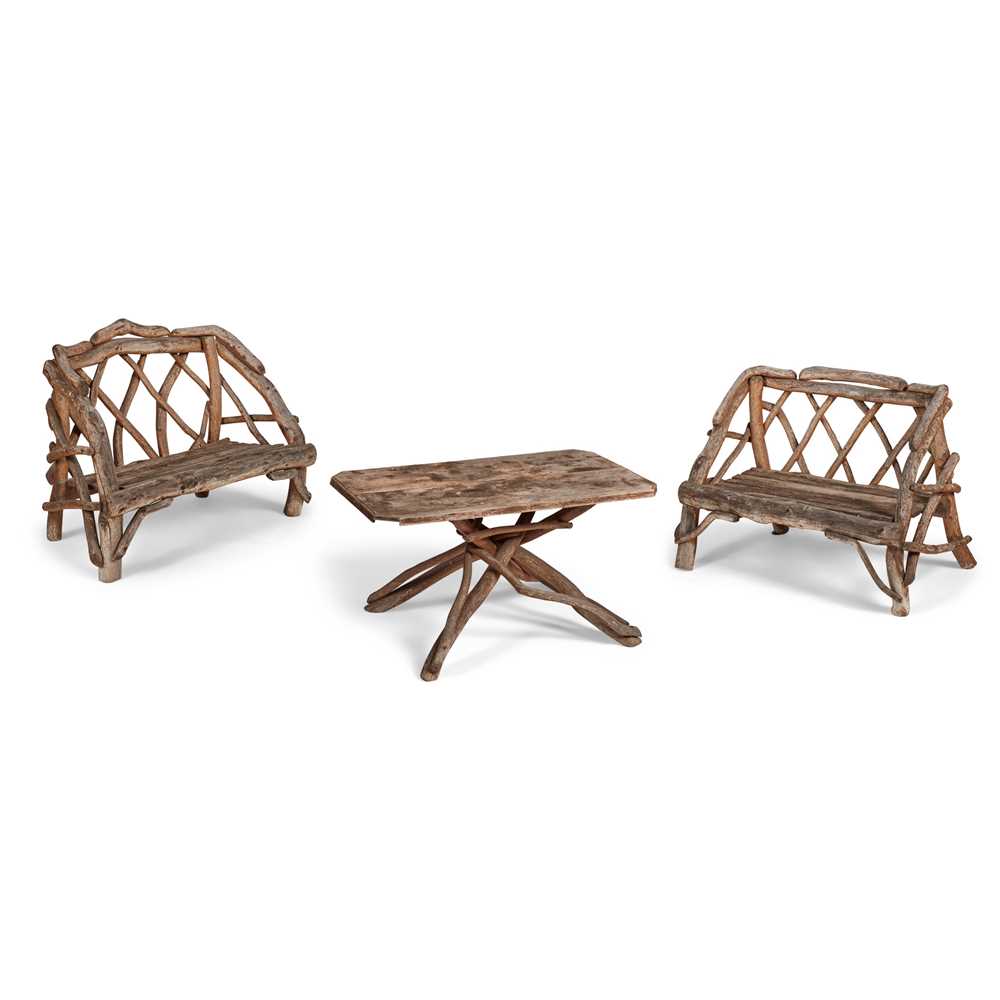 Appraisal: PAIR OF 'RUSTIC' TWIG GARDEN BENCHES AND TABLE EARLY TH