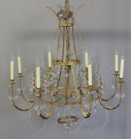 Appraisal: Gilt Metal Beaded Crystal Layered Chandelier Very decorative and good