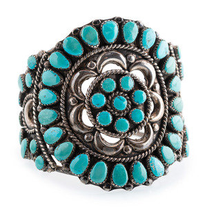 Appraisal: Navajo Silver and Turquoise Cluster Cuff Bracelet third quarter th