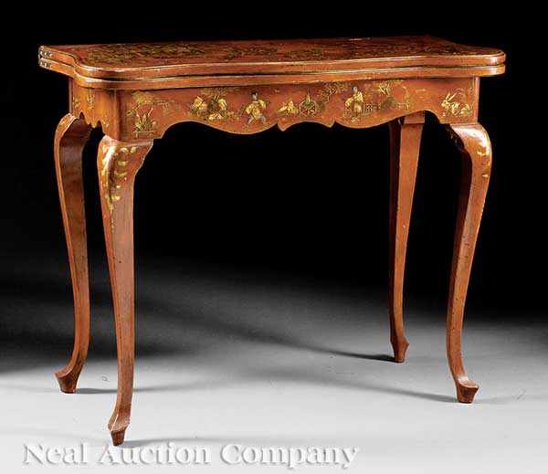 Appraisal: A Georgian-Style Red Lacquered Chinoiserie Games Table th c foldover