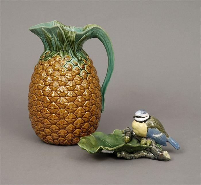 Appraisal: Minton Majolica Bird-on-Leaf Dish and a Minton Majolica Pineapple-Form Pitcher