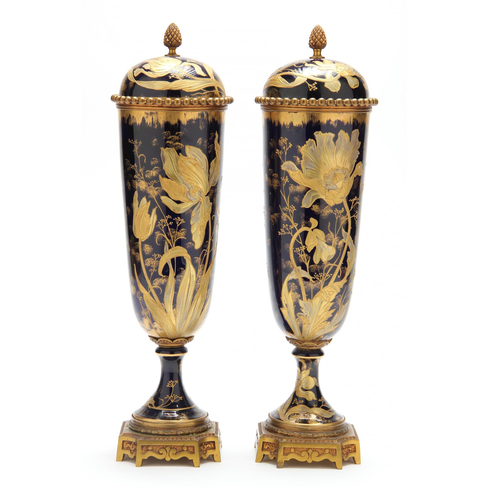 Appraisal: Pair of French Art Nouveau Lidded Urns each with gilt