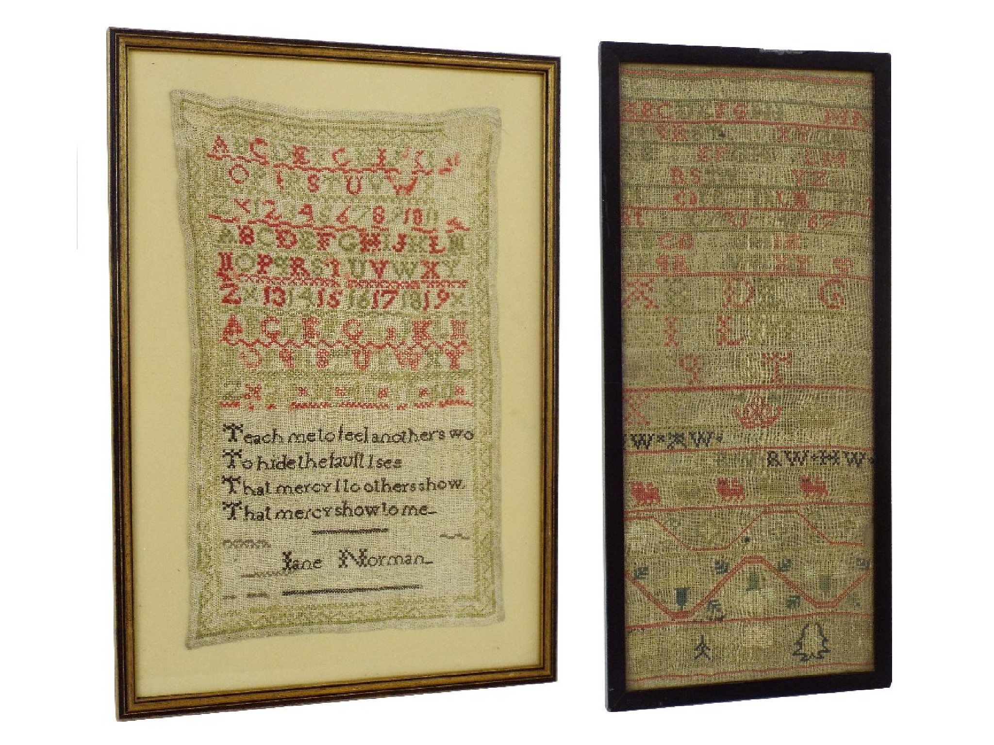 Appraisal: Two similar antique samplers one by Jane Norman the other