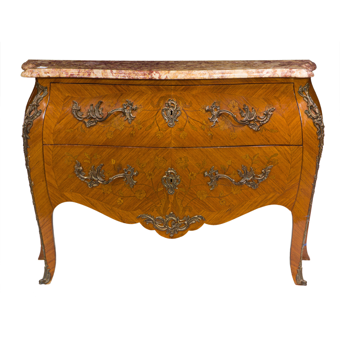 Appraisal: A Louis XV style bombe marquetry inlaid commode having a