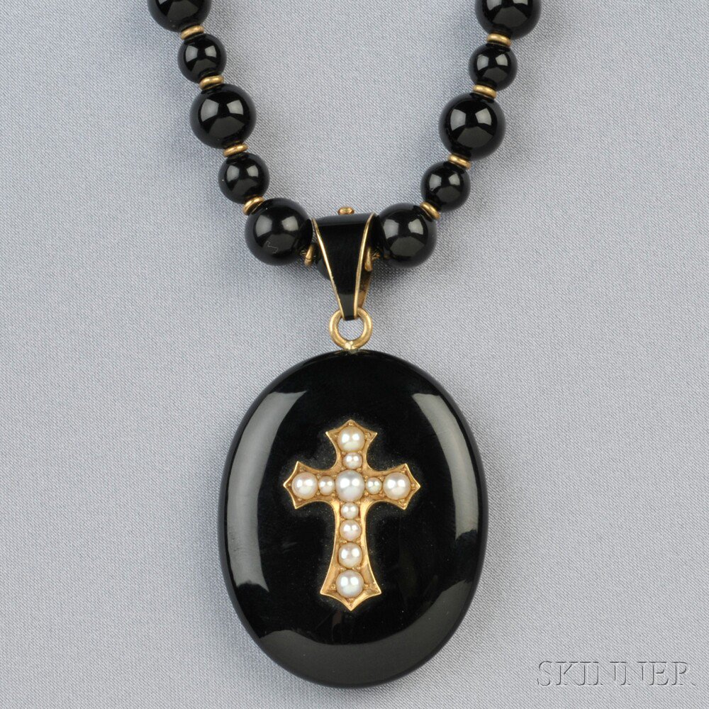 Appraisal: Antique Gold Onyx and Split Pearl Pendant and Onyx Bead