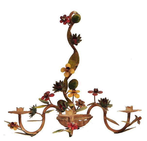 Appraisal: A DECORATED TOLEWARE THREE BRANCH CANDLE SCONCE with scrolling foliate