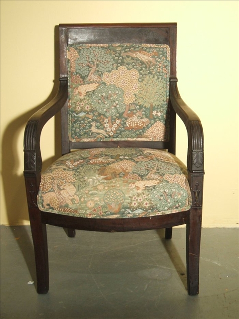 Appraisal: DIRECTOIRE MAHOGANY FAUTEUIL Circa the straight crest above rectangular padded