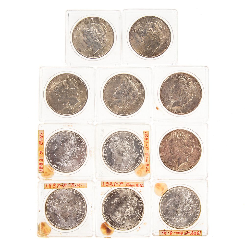 Appraisal: Five MS - Morgans Six AU Unc Peace Dollars All