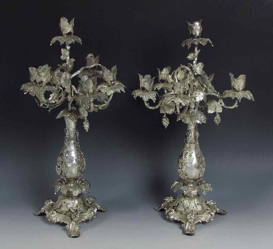 Appraisal: ORNATE GRAPE AND VINE DESIGN FIGURAL CANDELABRA '' tall Silvered