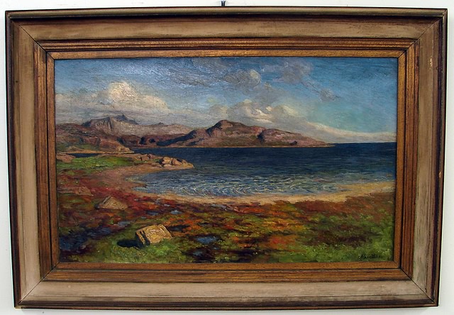 Appraisal: View overlooking water with mountains in background oil on canvas