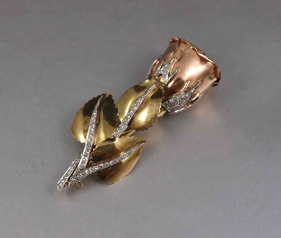 Appraisal: K DIAMOND ROSE BROOCH K yellow and rose gold brooch