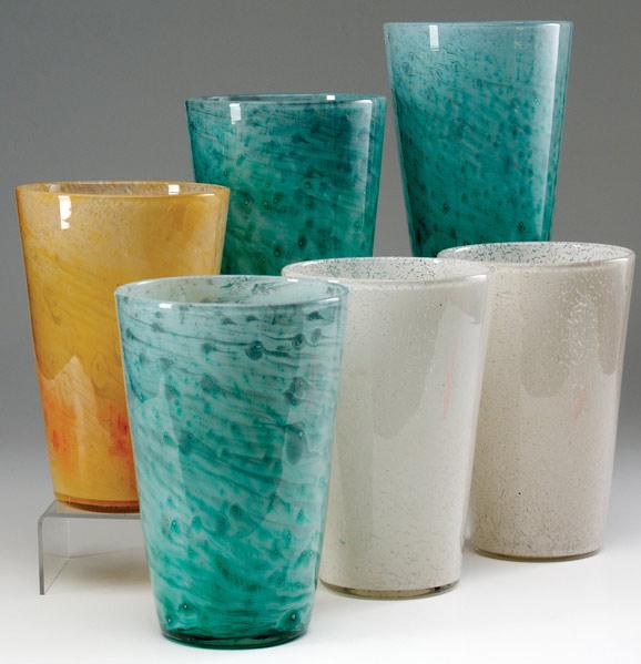 Appraisal: DURAND Six Cluthra glass flaring vases in white green-blue and