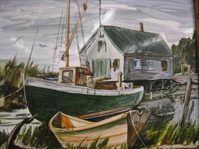 Appraisal: Handpainted Enameled Plaque harbor scene with Shanty image area ''