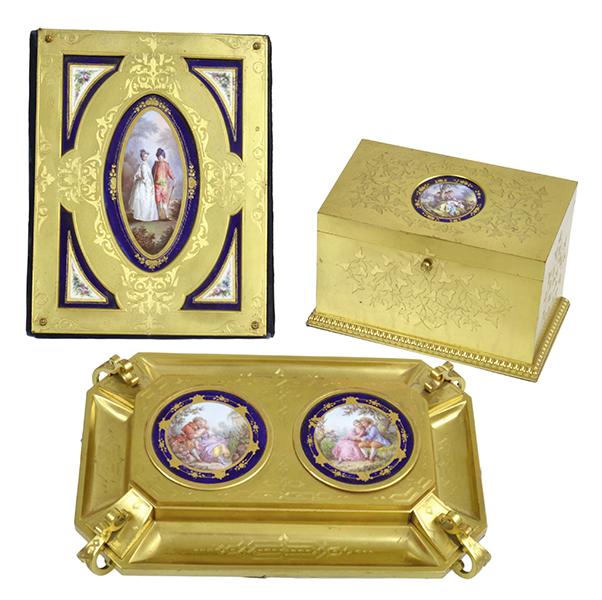 Appraisal: A THREE PIECE PORCELAIN INSET ORMOLU DESK SET TH CENTURY