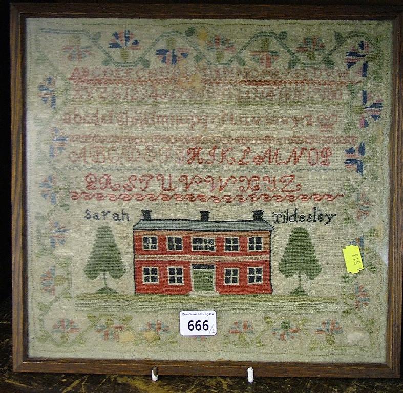 Appraisal: th century sampler with alphabet and a red brick house