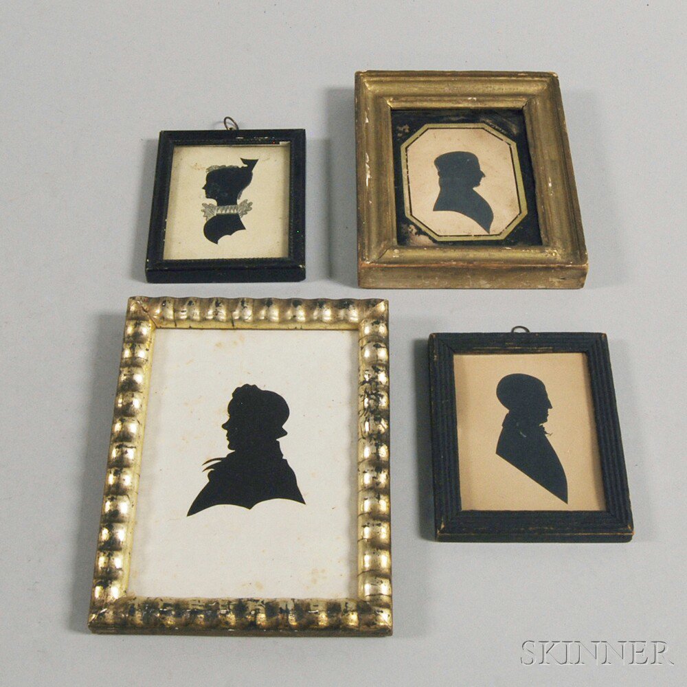 Appraisal: Four Framed Hollow-cut Silhouettes th century a woman accompanied by