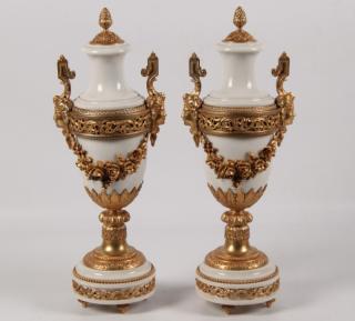 Appraisal: PAIR OF TH C FRENCH WHITE MARBLE URNS MAGNIFICENT PAIR