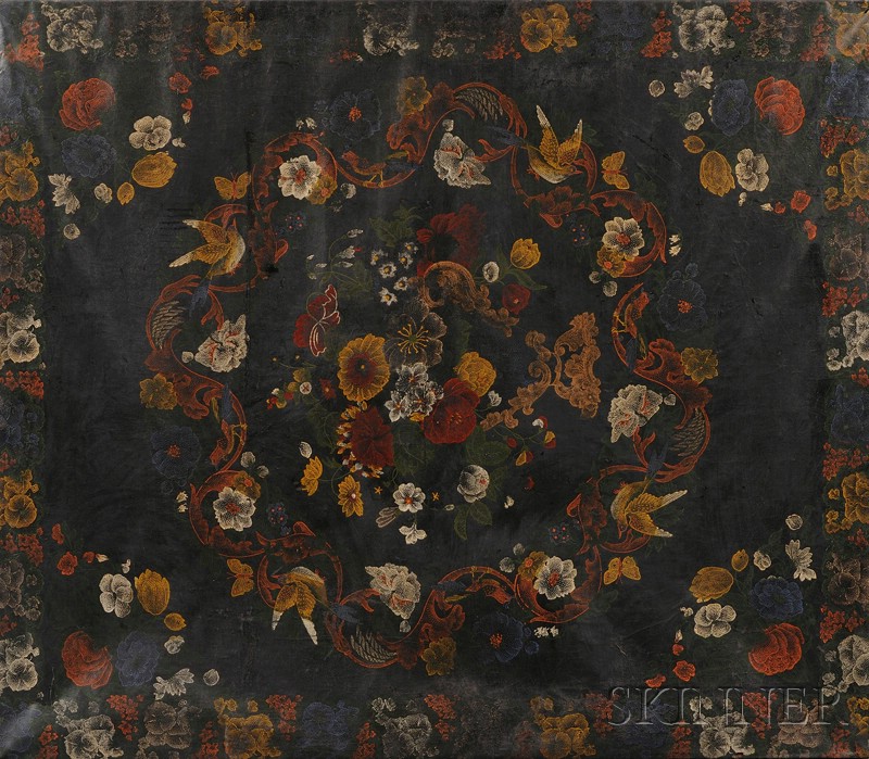 Appraisal: Polychrome Floral and Scroll Stencil-decorated Canvas America late century mounted