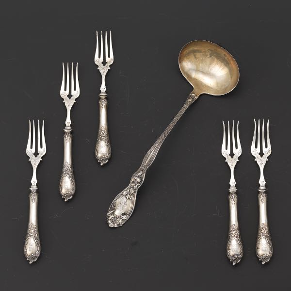 Appraisal: STERLING SILVER TABLE IMPLEMENTS Including five Bruckmann Sohne silver forks