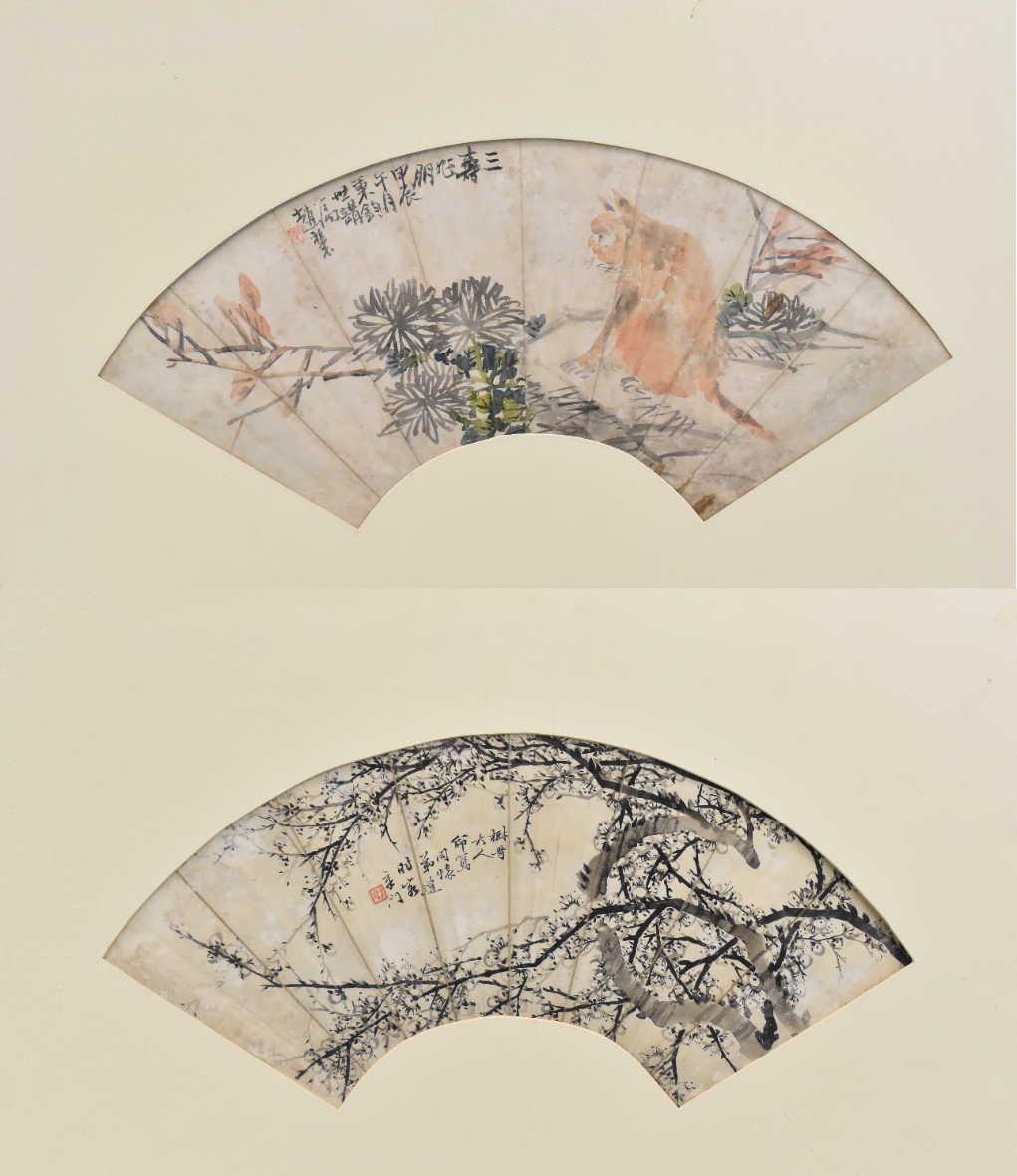 Appraisal: Two Chinese fan paintings of cat and plum flowers dating