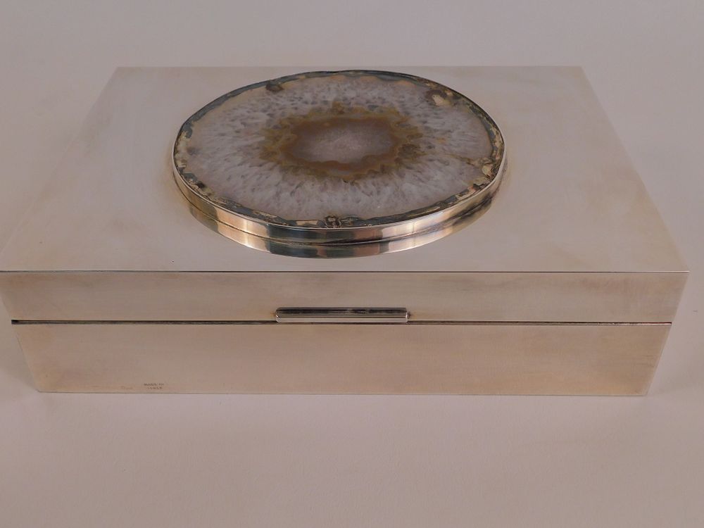 Appraisal: CHRISTIAN DIOR BOX W AGATE Vintage silverplated dresser box with