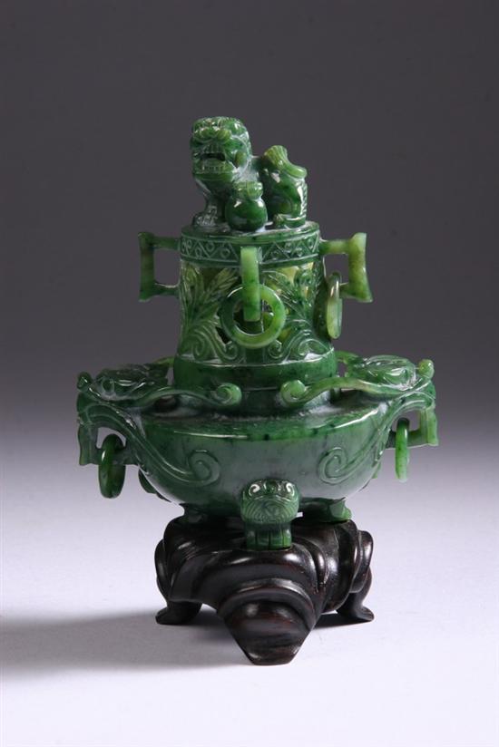 Appraisal: CHINESE SPINACH JADE CENSER Of boat-form with fu lion finial