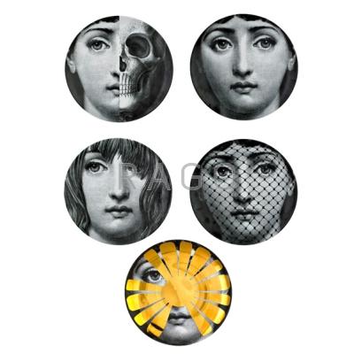 Appraisal: PIERO FORNASETTI Five transfer-decorated porcelain plates one hanging Tema e