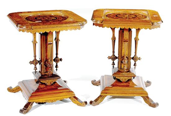 Appraisal: Pair Renaissance Revival walnut and burl occasional tables circa square