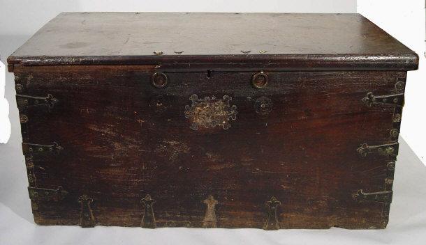 Appraisal: Large th Century mahogany seamens chest with metal banding to