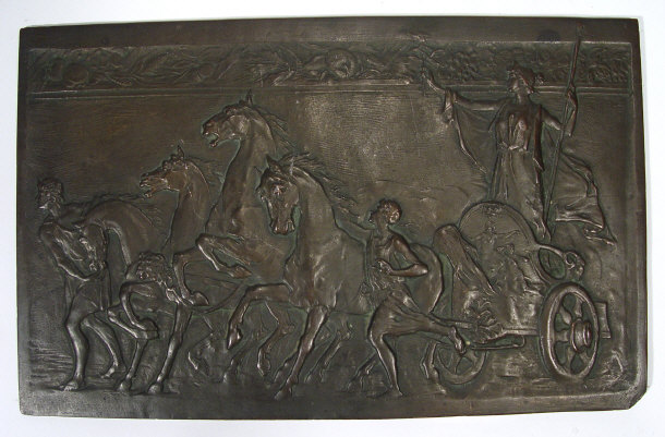 Appraisal: Rectangular bronze plaque cast with a female in a horse