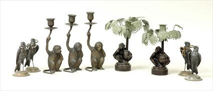 Appraisal: Five Patinated Metal Monkey-Form Candle Holders and Four Patinated Metal